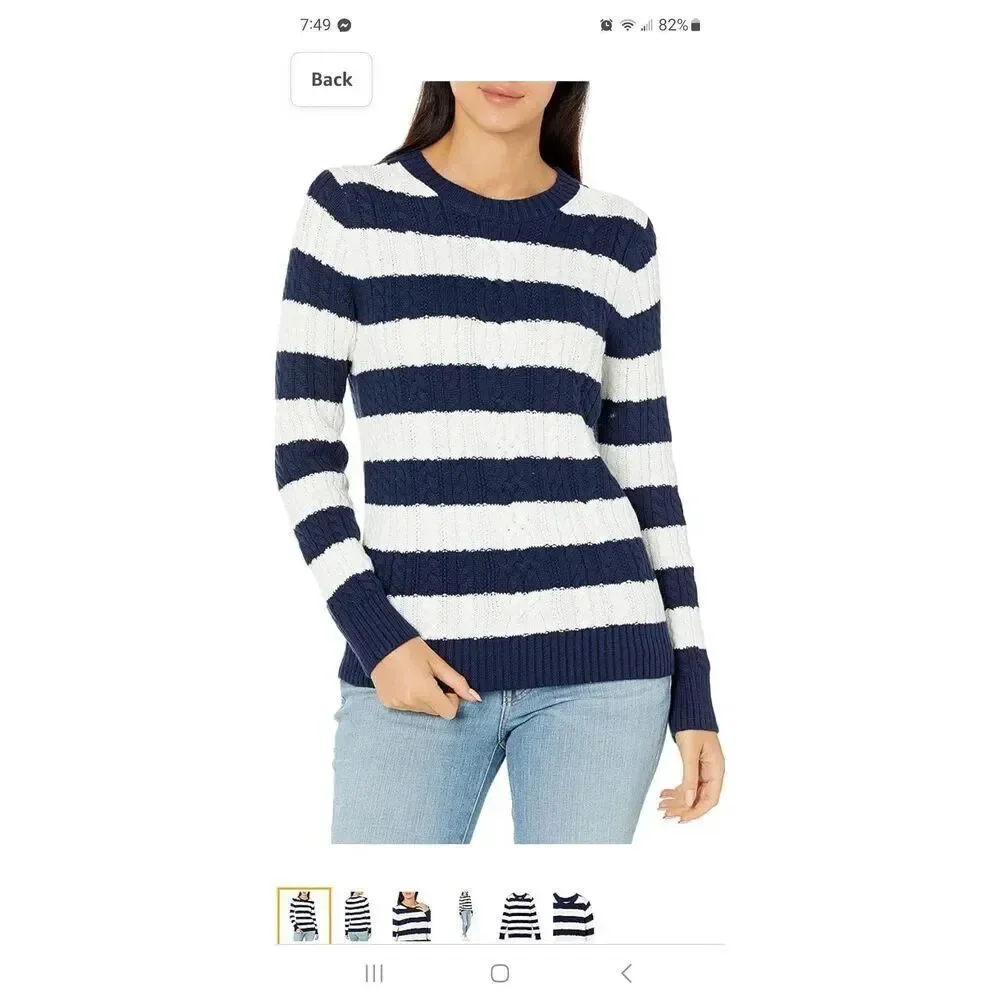 New Small Amazon Essentials Long Sleeve Cotton Blue White Pullover Sweater NWT